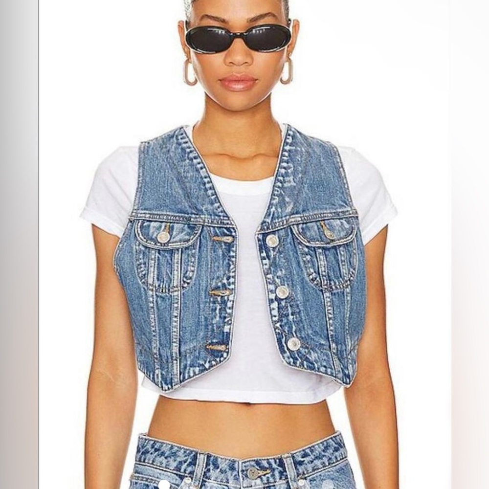 RE/DONE Womens Micro Trucker Blue Cropped Jean Denim Vest Sz Small NWT $295✨